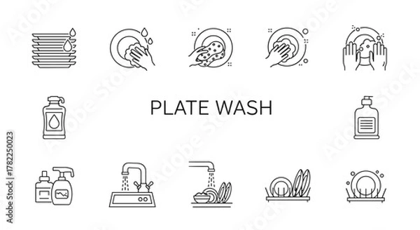 Fototapeta Minimalistic thin line icon set for plate washing, including stacking dishes, hand washing plates with sponge and soap, faucet running water, dish rack, and soap dispenser. Ideal for web, graphic