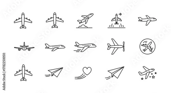 Fototapeta A collection of minimalistic linear pictograms representing airplanes and paper planes, suitable for web and graphic design, apps, banners, social networks, and cards. This vector cartoon