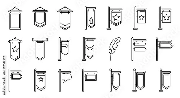 Fototapeta Collection of outline banner and sign icons, perfect for street advertising, graphic design, web elements, app interfaces, and diverse card designs. This vector bundle features a variety of hanging