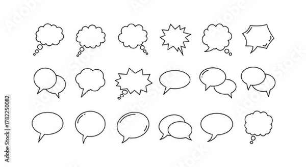 Fototapeta Collection of minimalistic linear speech bubble outline icons, perfect for web and graphic design, apps, banners, social networks, and cards, offering a clean and modern aesthetic for