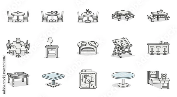 Fototapeta Collection of 15 diverse table-related line icons, including dining tables, picnic tables, conference tables, coffee tables, bar tables, and a drafting table, presented in a cartoonish, editable