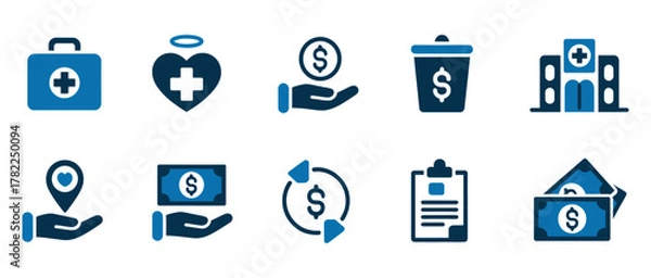 Fototapeta Stunning collection of healthcare and finance icons symbolizing medical aid, donations, costs, and financial transactions for modern business and wellness concepts