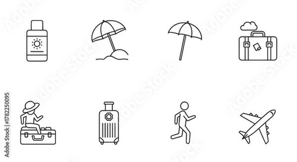 Fototapeta Collection of travel-related outline symbols, including sunscreen, beach umbrella, luggage, a person sitting on a suitcase, a running figure, and an airplane, perfect for banners, infographics