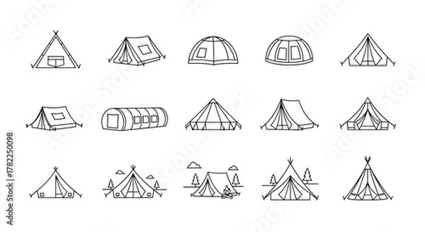 Fototapeta Collection of minimalistic outline style tent icons for design, cards, apps, and social networks. This ordered set features various tent types, including A-frame, dome, and teepee styles, perfect for