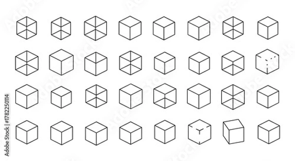 Fototapeta Collection of various cube outlines in different perspectives and styles, including wireframe, solid, and dashed lines, perfect for infographics, articles, books, flyers, and banners, presented as a