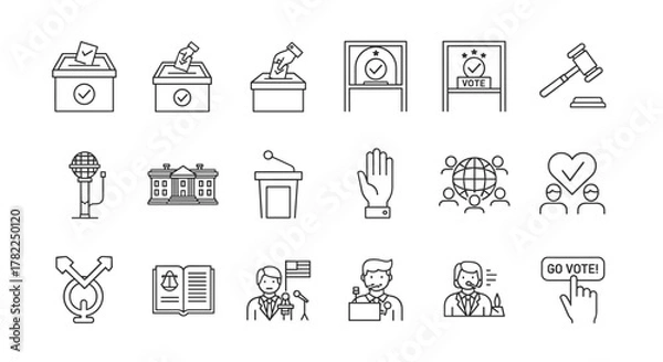 Fototapeta Democracy and Elections Line Icon Set: A comprehensive collection of editable stroke vector icons representing civic engagement, voting, political processes, and democratic ideals, perfect for the