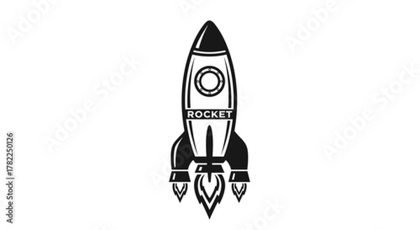 Fototapeta Retro style black and white vector illustration of a rocket ship blasting off with flames and smoke, featuring a circular window and the word "ROCKET" emblazoned on its side, perfect for space