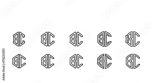 Fototapeta Set of ten unique BC monogram logos in a hexagonal and circular design, featuring serif letterforms and clean line art. This vector illustration collection is perfect for branding, graphic design