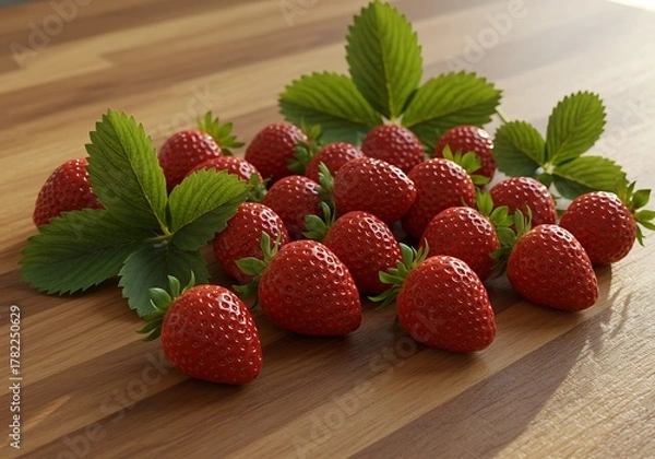 Obraz Fresh Strawberries on Wooden Surface with Green Leaves.