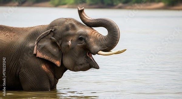 Obraz Majestic Asian Elephant Enjoying a Refreshing Bath in a Lake.