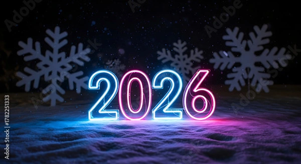 Obraz Neon 2026 numbers on snow with snowflakes new year