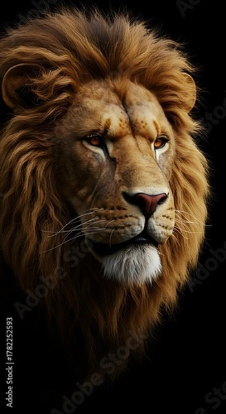 Obraz Majestic Male Lion Portrait with a Golden Mane on a Dark Background.