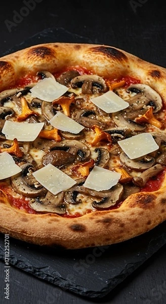 Obraz Gourmet mushroom pizza topped with parmesan on rustic stone platter