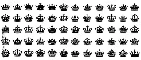 Fototapeta Collection of 60 Royal king, queen, and princess crown icons. Symbol of royalty, luxury, and power.