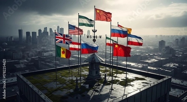 Fototapeta International Flags Waving on a Rooftop Overlooking a Cityscape at Dusk.
