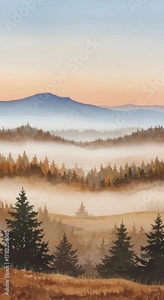 Obraz Misty Mountain Landscape with Evergreen Trees and Golden Light.