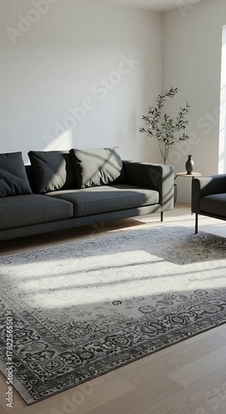 Obraz Modern Living Room with Gray Sofa and Patterned Rug.