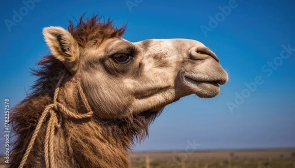 Fototapeta Close-up profile of a camel's head secured with ropes against a clear sky in a natural setting