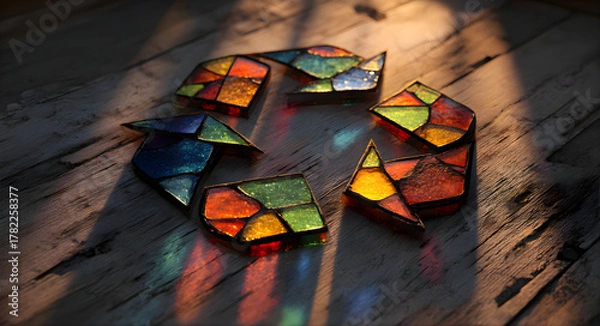 Fototapeta Colorful stained glass art forms a recycling symbol casting vibrant light reflections