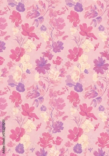 Obraz Seamless Floral Pattern with Pink and Purple Flowers on a Soft Pink Background.