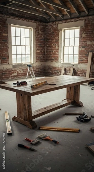 Obraz Rustic Farmhouse Table Under Construction in Old Brick Room.