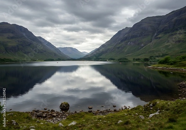 Obraz Serene Scottish Highlands Loch with Mountain Reflections Under Cloudy Skies.