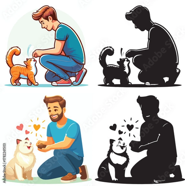 Fototapeta Set of vectors and images of cute male and cat shilhouttes on a white background