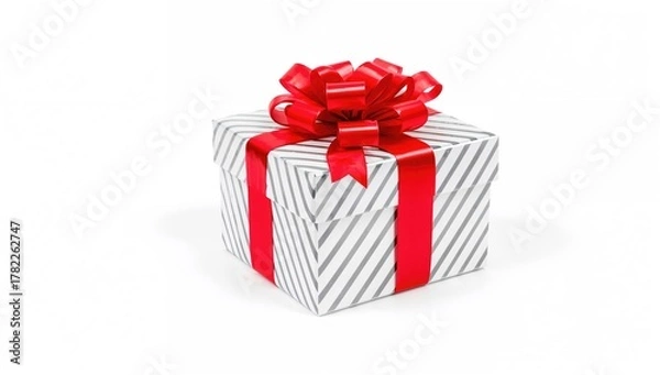 Fototapeta Gift box wrapped in a red ribbon with black stripes, ideal for seasonal gifting