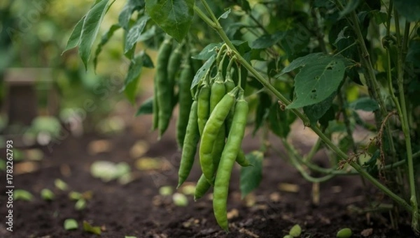Fototapeta Green beans growing on the vine, Nutrient-rich vegetable source, Harvest season