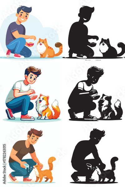 Fototapeta Set of vectors and images of cute male and cat shilhouttes on a white background