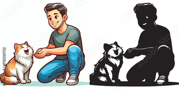 Fototapeta Set of vectors and images of cute male and cat shilhouttes on a white background