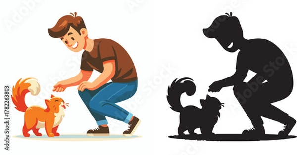 Fototapeta Set of vectors and images of cute male and cat shilhouttes on a white background