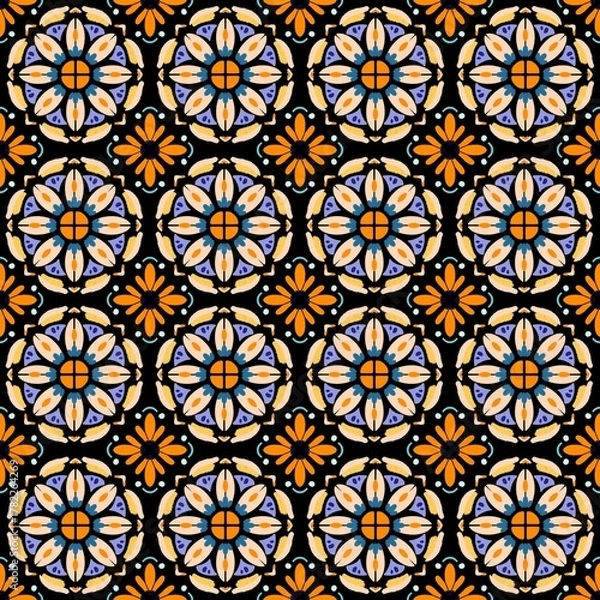 Fototapeta American ethnic tribal fabric design blends soft organ tones with contrasting grey to create a timeless and eye-catching aesthetic. Ethnic with delicate floral motifs, the pattern offers an ethnic ba