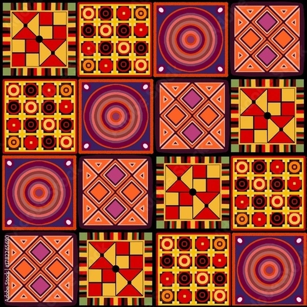 Fototapeta African ethnic tribal-inspired pattern in bright red and yellow tones balanced by soft ethnic hues. The design brings a fresh, fun, and modern twist to traditional tribal art, ethnic a . Perfect for 