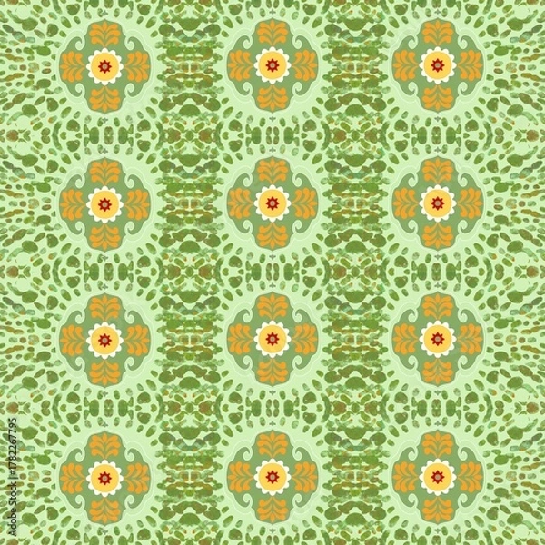 Fototapeta American ethnic tribal geometric pattern in vibrant green tones.  a black background, the bright colors create a striking contrast that adds energy and visual ethnic to the design. The mix of bold e