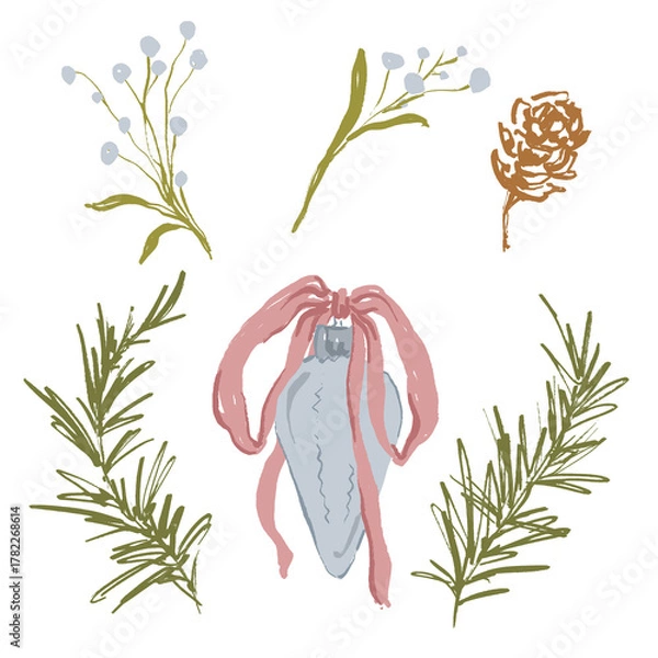 Fototapeta Whimsical Christmas floral set of pine cone, pink bow, Christmas tree toy and branch. Hand-drawn vintage collection isolated on white background. Illustration for design, print, fabric or background.