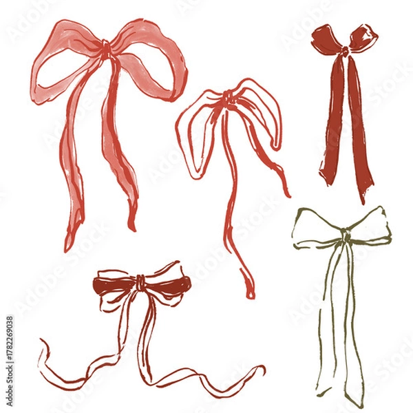 Fototapeta Whimsical Christmas set of red, green and pink bows. Hand-drawn gift bow isolated on white background. Holiday illustration for design, print, fabric or background.