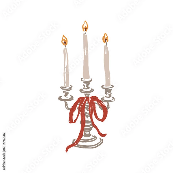 Fototapeta Whimsical Christmas floral card of red bow, candelabra and candle. Hand-drawn vintage poster isolated on white background. Illustration for design, print, fabric or background.