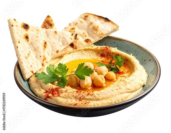 Obraz Close-up of hummus with pita bread, chickpeas, parsley, and paprika in a teal bowl