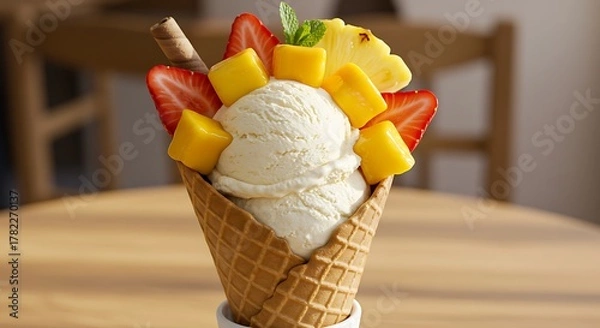 Obraz Close-up of ice cream cone with vibrant fruit toppings and a wafer stick on a wooden table