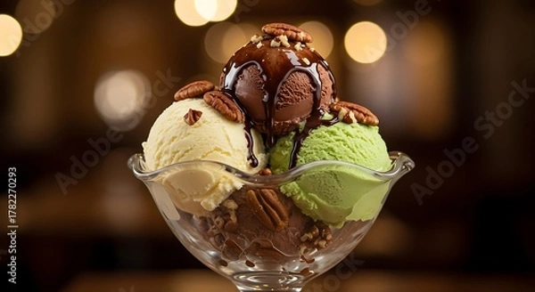 Obraz Close-up of ice cream sundae with various flavors and toppings in a glass bowl