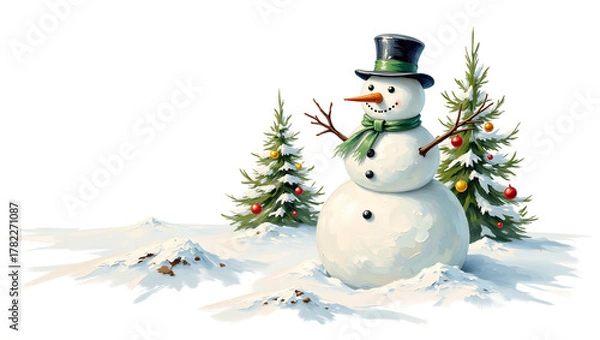 Fototapeta A classic Christmas card with a snowman and decorated Christmas trees in the snow, done using the impasto oil painting technique with a palette knife.