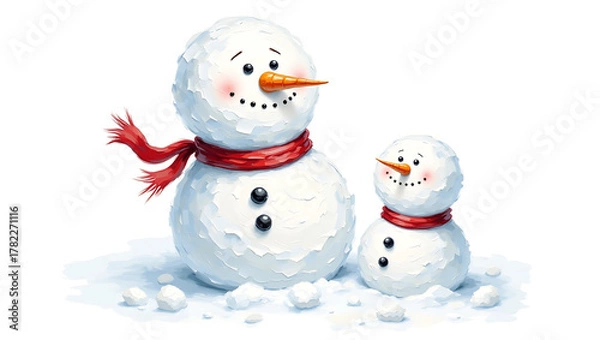 Fototapeta Impasto oil snowman family for cards: Happy snowmen with red scarves standing in winter snow  