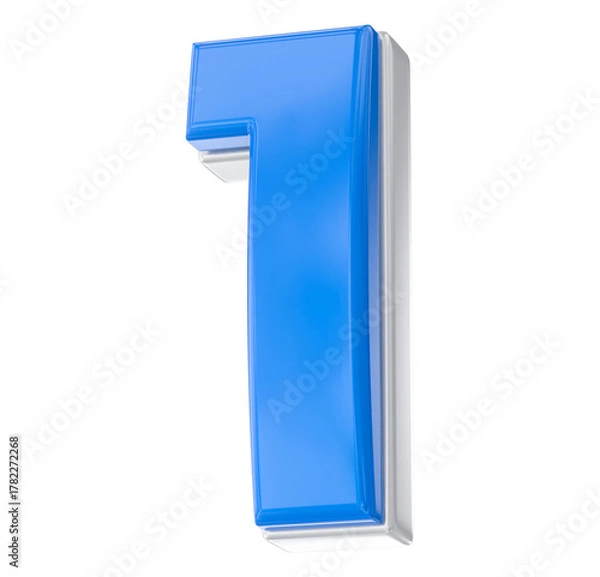 Obraz Bright blue glossy volumetric number one  1  against a clean white background, representing success and rank.