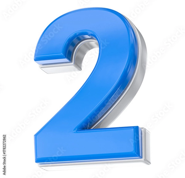 Obraz Modern volumetric blue digit 2 rendering, featuring glossy lacquer and chrome trim effect.