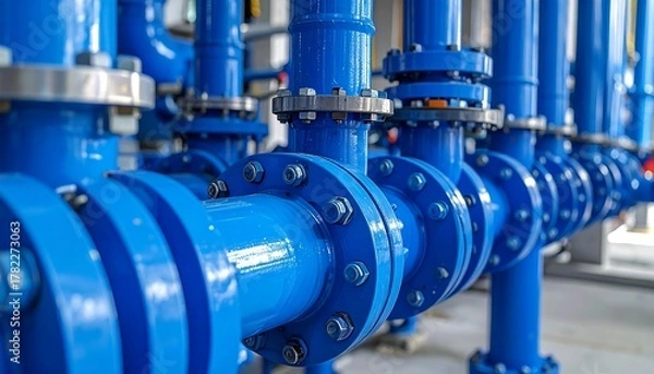 Obraz Close-up of industrial, blue pipes with flange connections, showcasing engineering and infrastructure