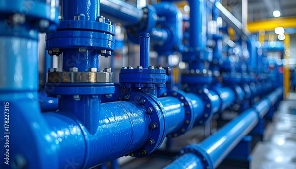 Obraz Close-up of industrial, blue pipes, flanges, and valves in a modern factory setting