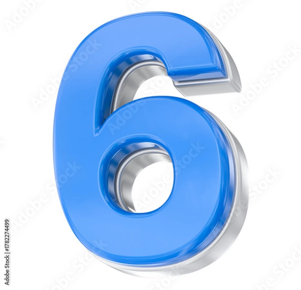 Obraz Bright Blue Glossy 3D Number Six with Chrome Metallic Border Isolated on White Background