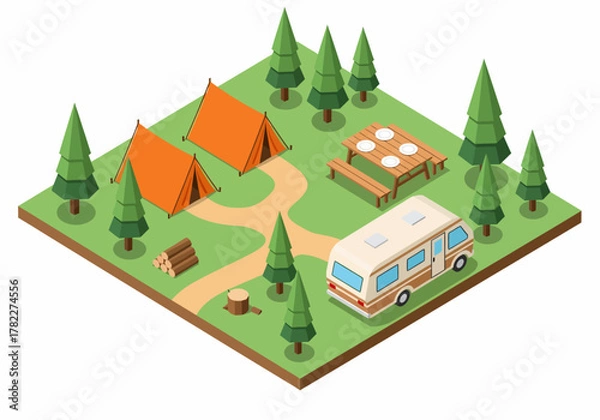 Fototapeta A stylized isometric vector illustration captures a clean, organized campground with an RV, orange tents, and a picnic table set among tranquil pine trees