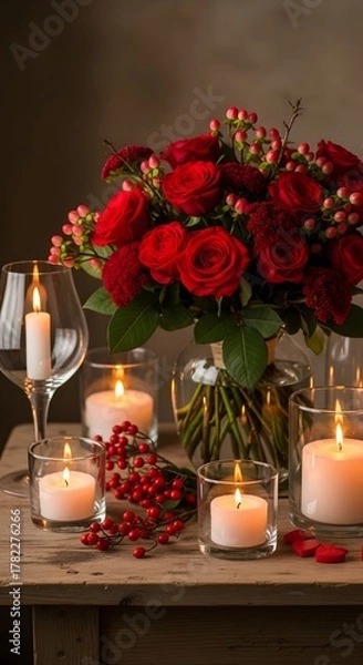 Fototapeta Romantic ambiance with red roses, candles, and soft lighting for a special date